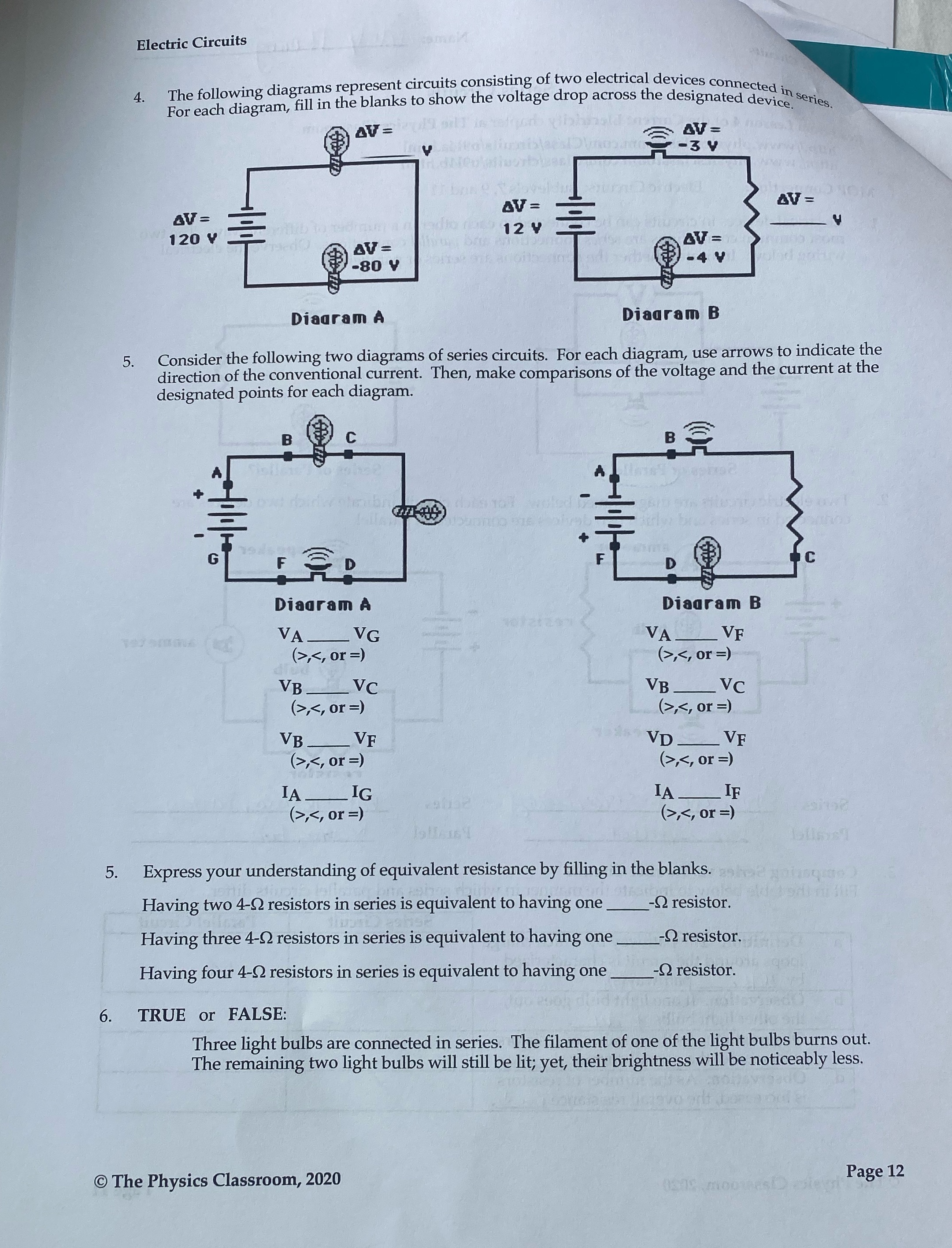 Please help me solve this physics page Electric Circuits 4. The following