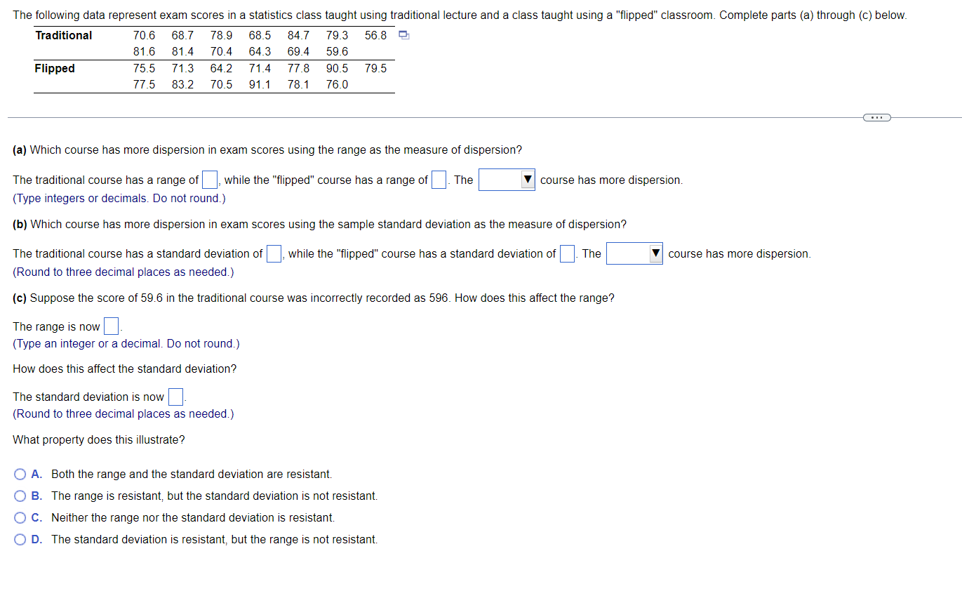 The following data represent exam scores in 3 statistics class taught