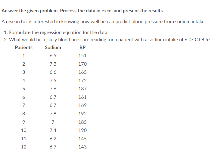  Answer the given problem. Process the data in excel and present