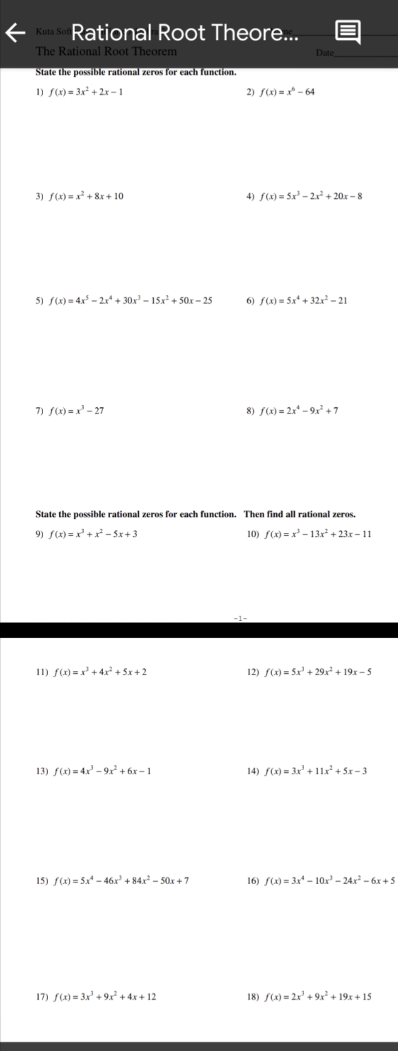 Algebra II Probability and Statistics Rational Root Theore.. The Rational Root Theorem