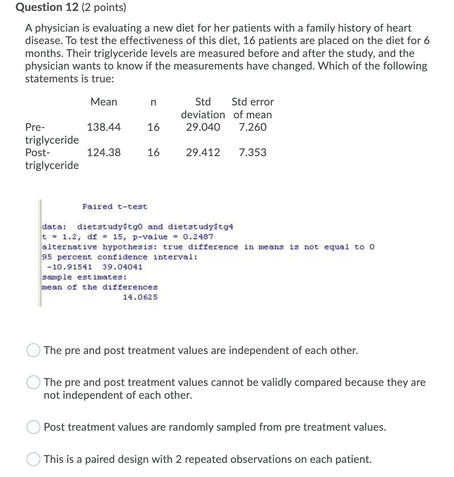  Question 12 (2 points) A physician is evaluating a new diet