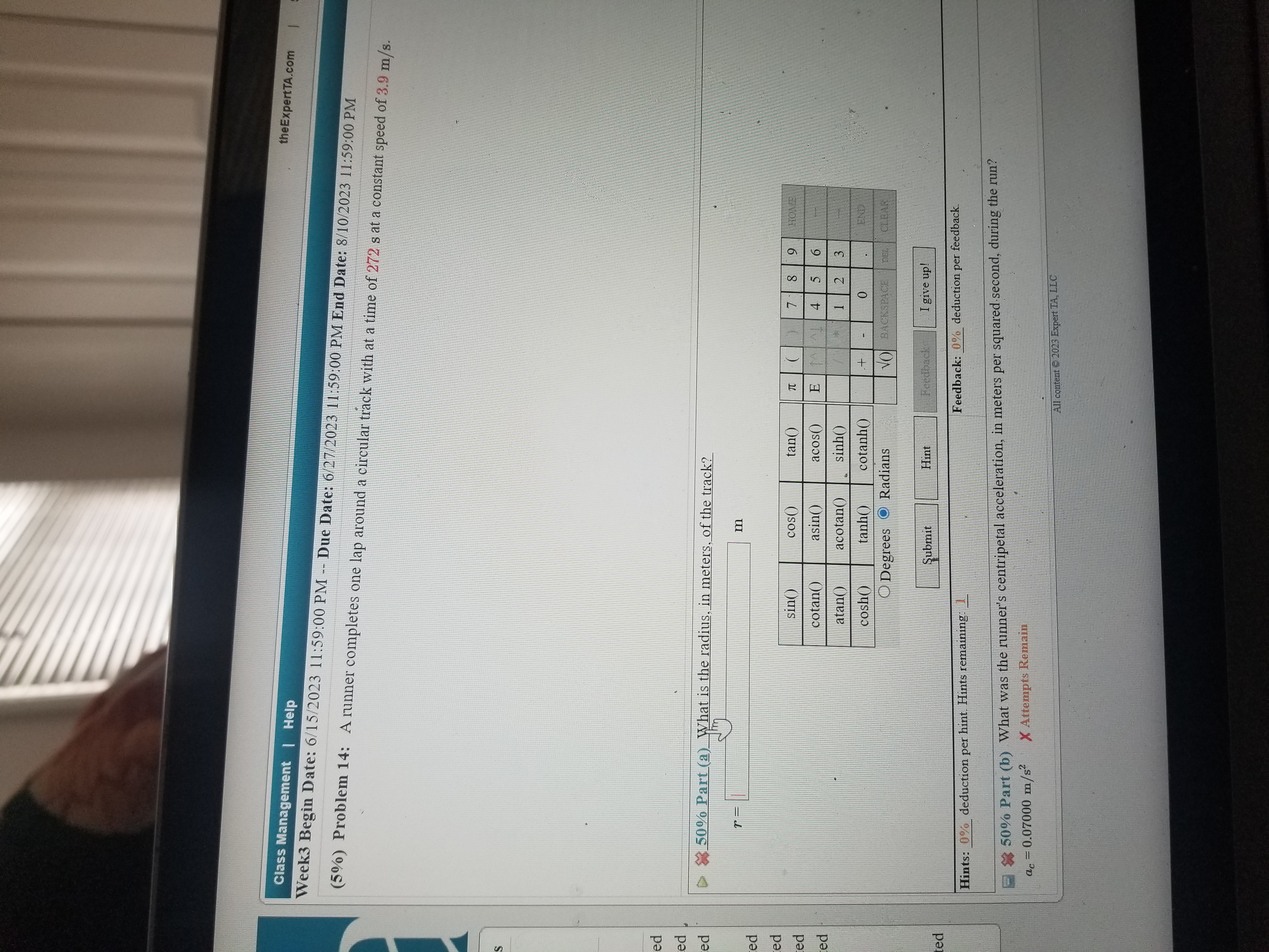 Student: telghazi2101@student.stcc (10%) Problem 11: A basketball point guard launches a free-throw