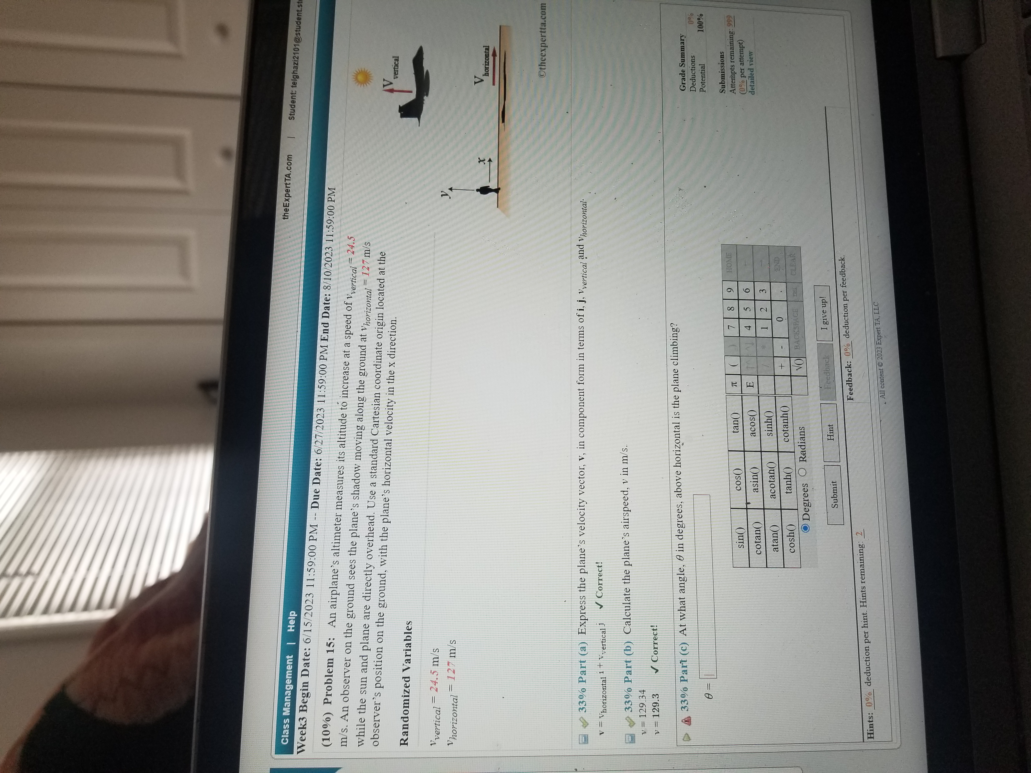 with initial velocity vo = 4.5 m/s at an angle 0 =