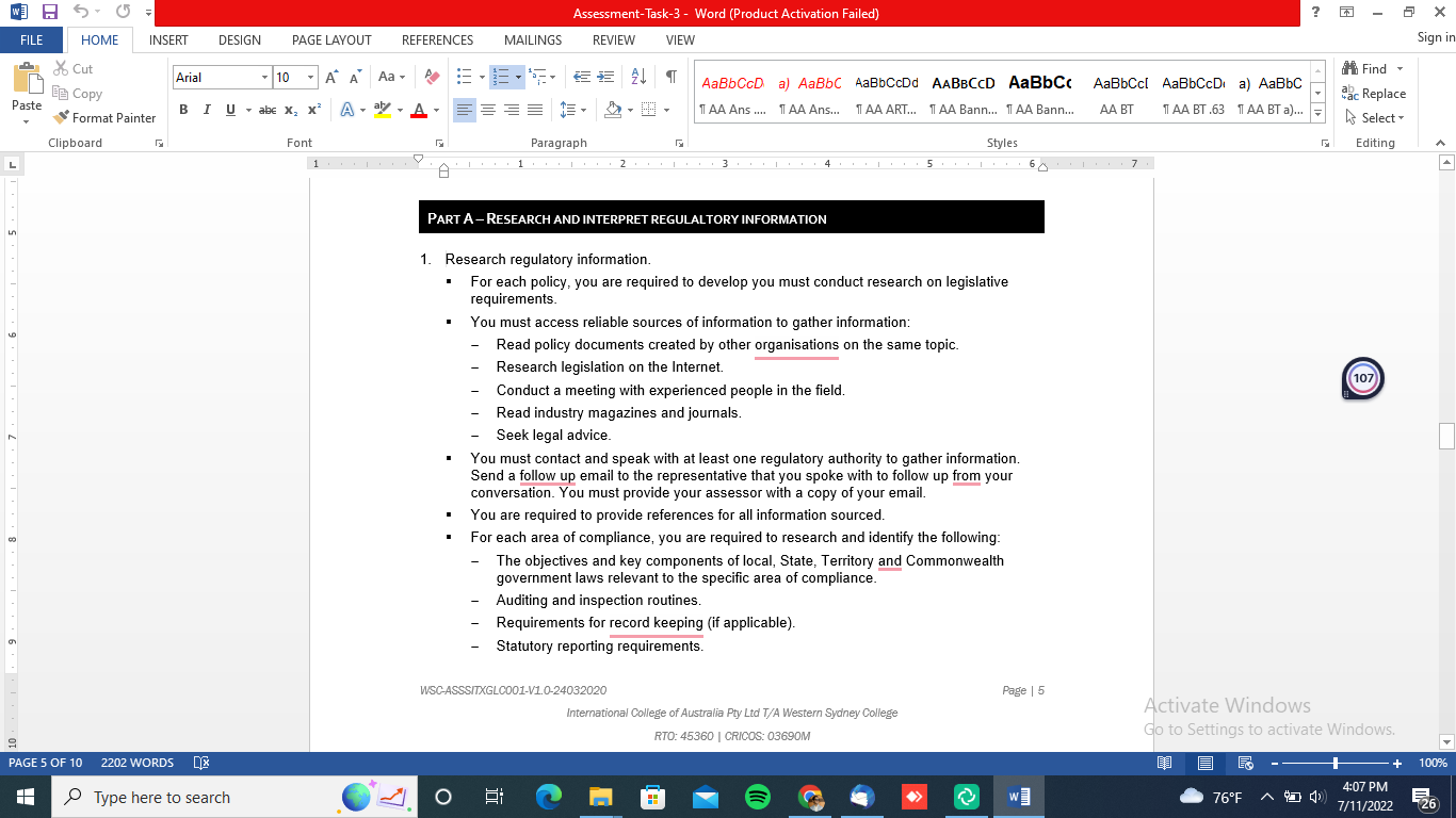 Assessment-Task-3 - Word (Product Activation Failed) ? X FILE HOME INSERT