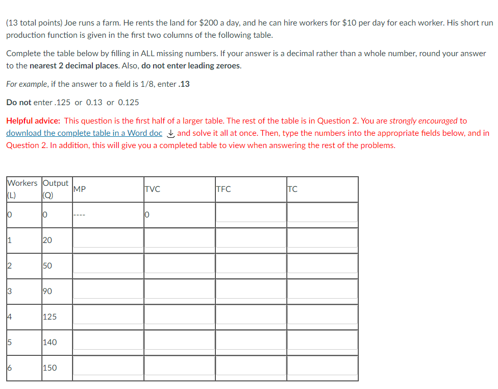 i dont understand how to do this table [13 total points} Joe