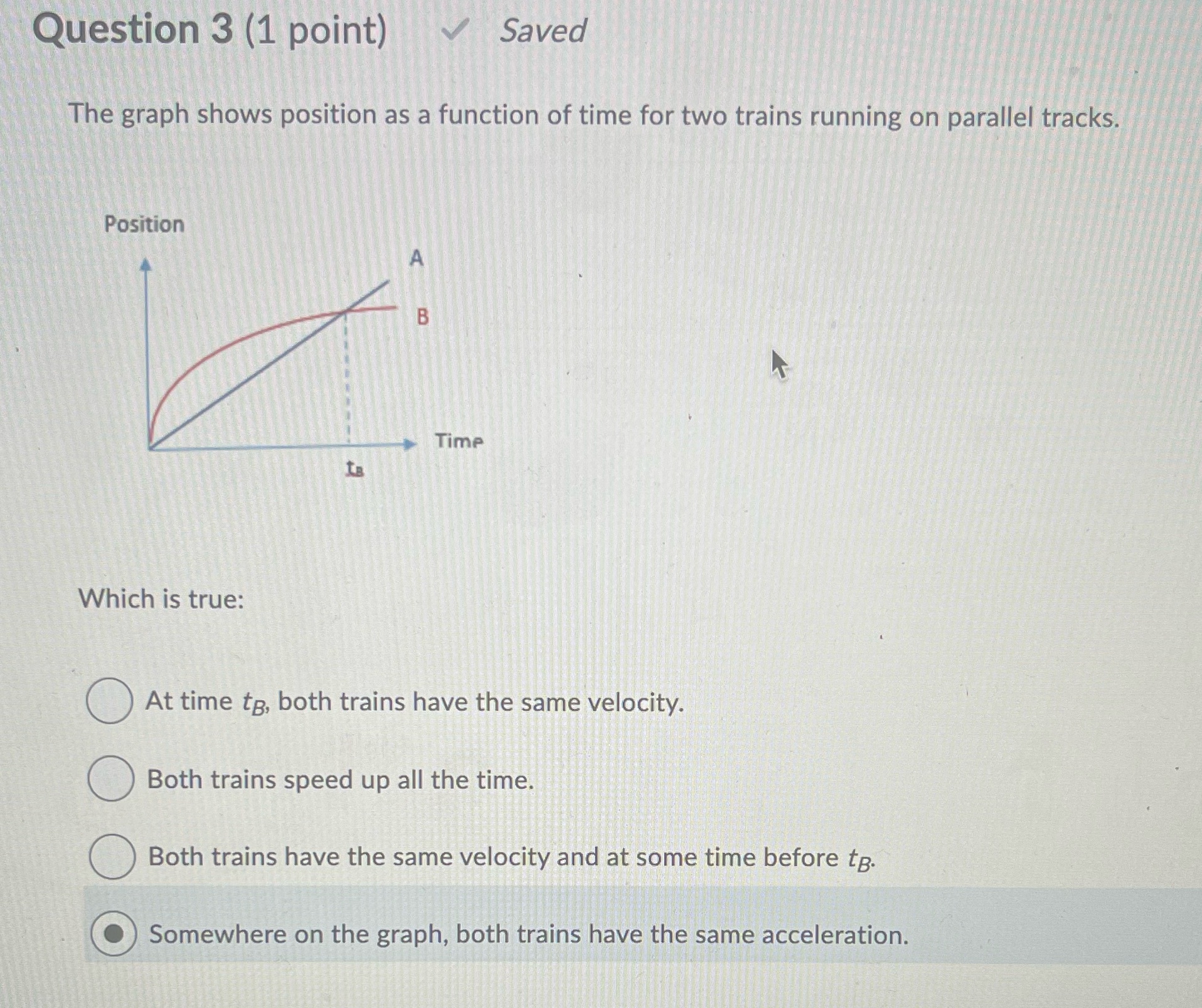  Question 3 (1 point) Saved The graph shows position as a
