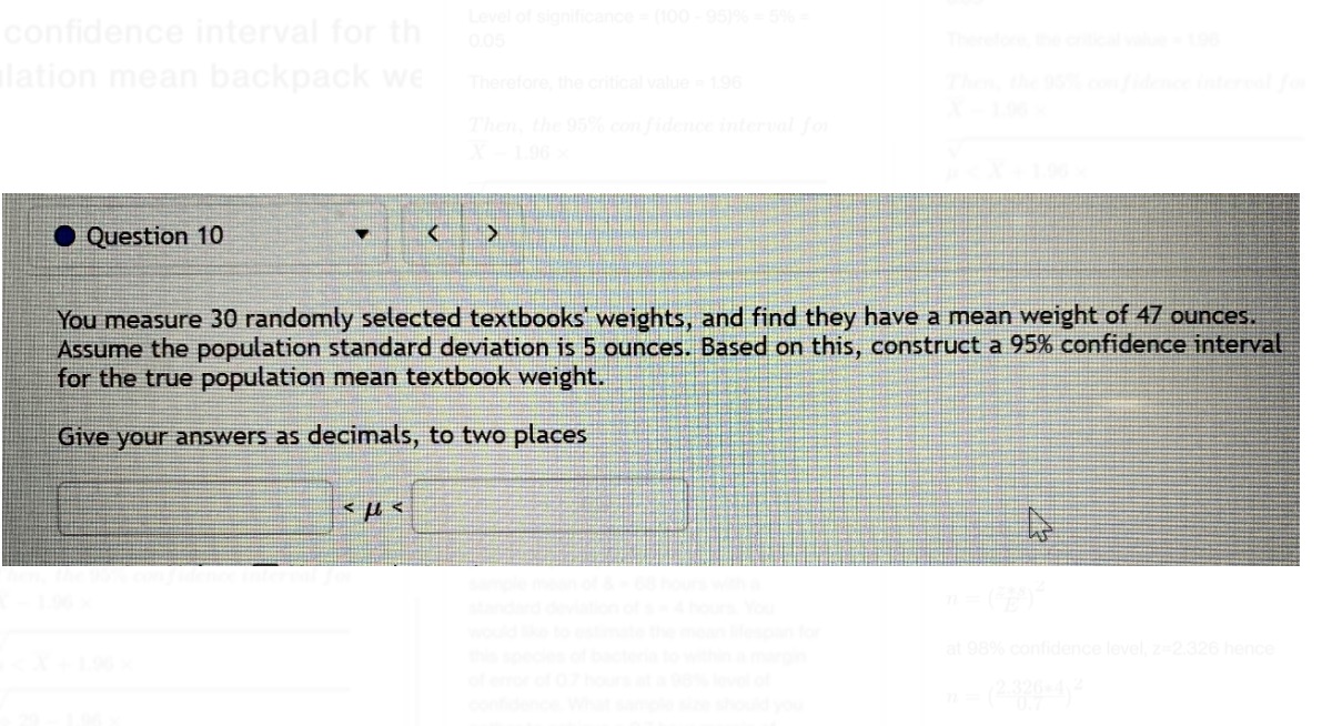 confidence interval for th 0.05 lation mean backpack we Therefore, the