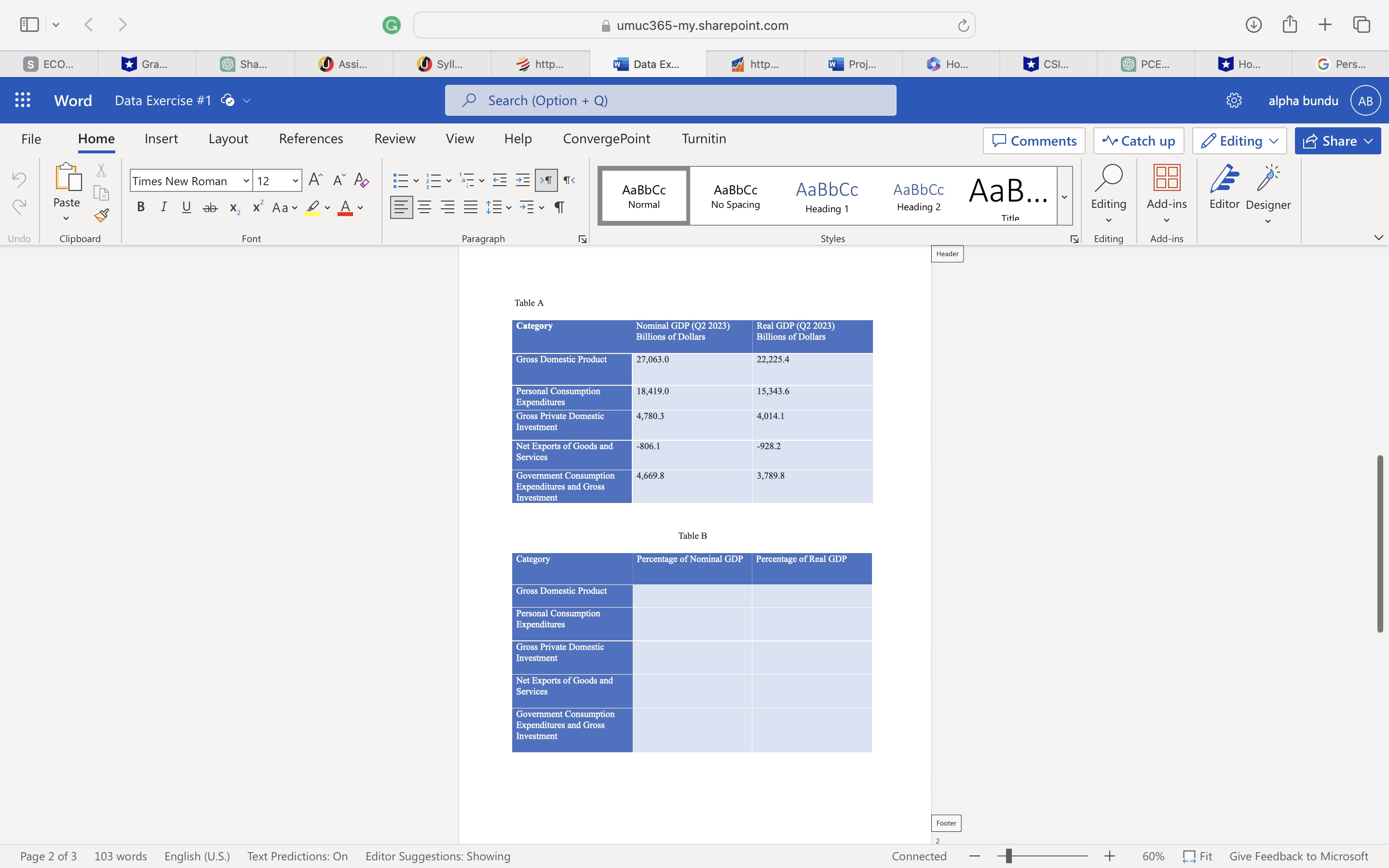 a umuc365-my.sharepoint.com ECO... Word Home Paste Clipboard Gra... Data Exercise #1 Insert