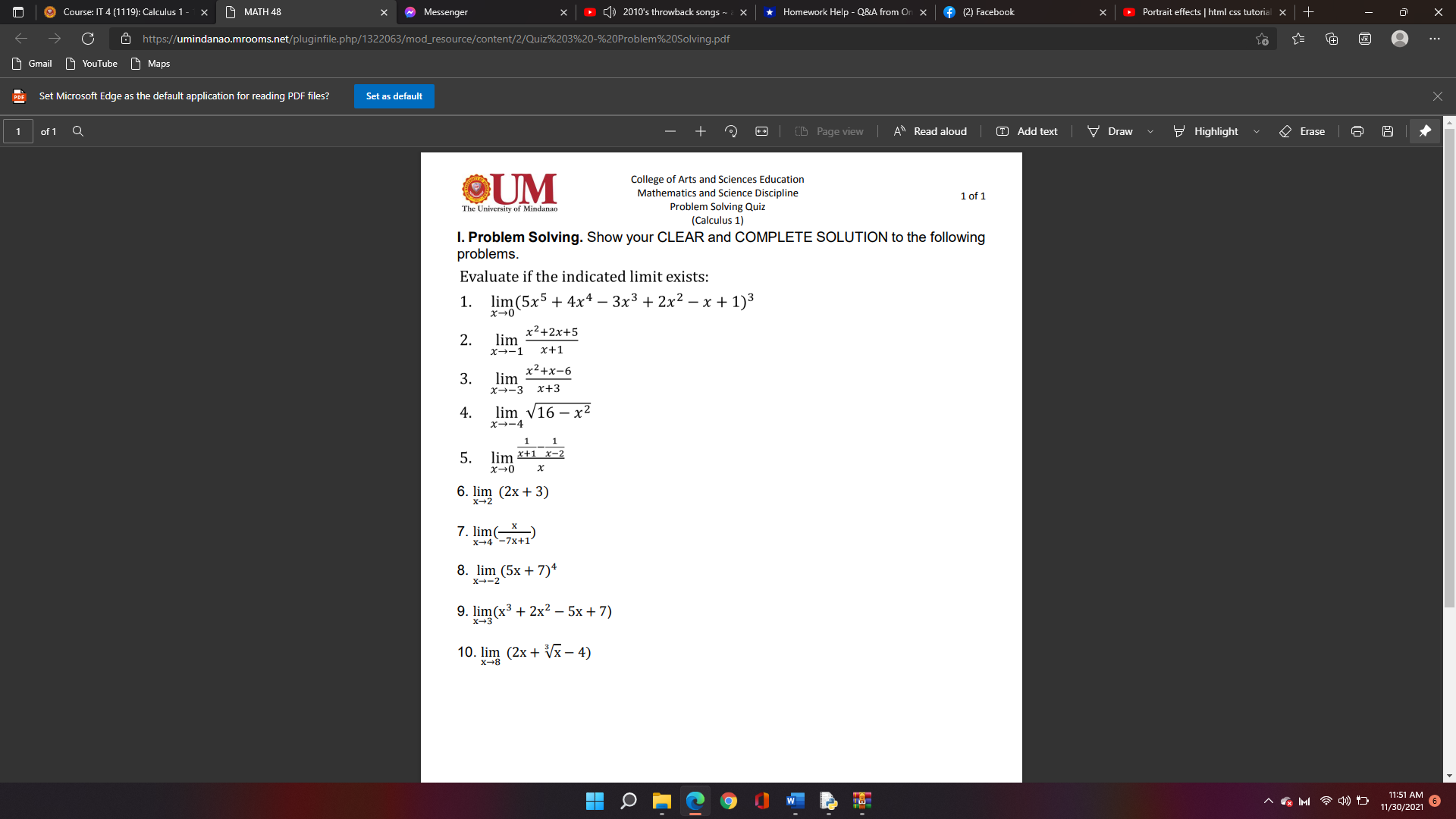  Course: IT 4 (1119): Calculus 1 - X X MATH 48