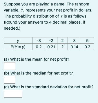 Suppose you are playing a game. The random variable, Y, represents