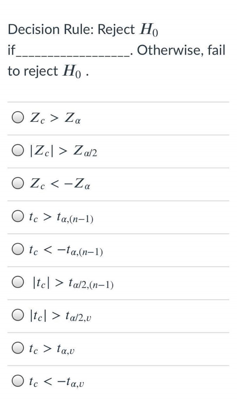 Za/2 OZc ta,(n-1) Otc tal2, (n-1) Otc > ta,u Otc ta/2,(nl) O