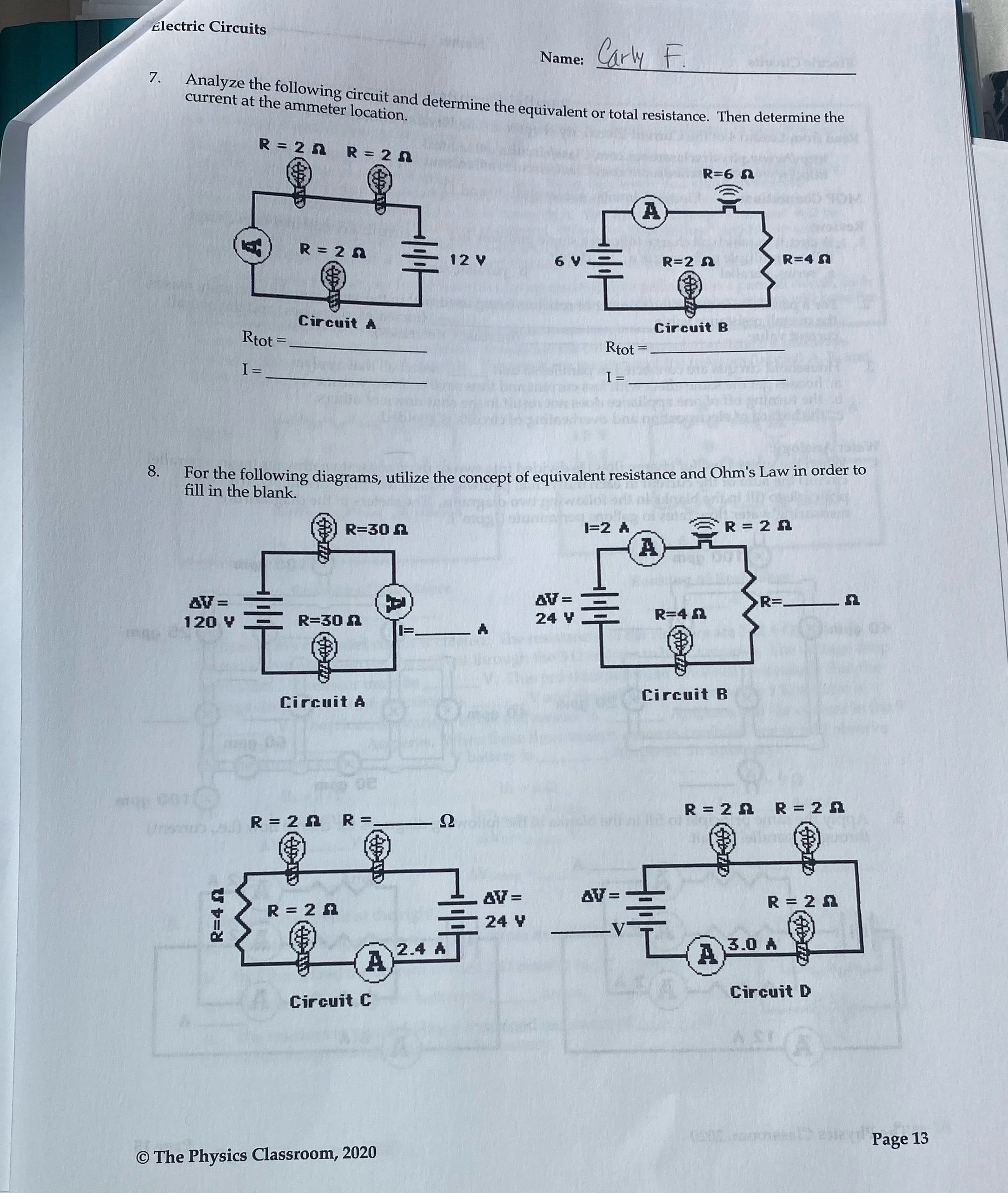 Please help me solve this physics page Electric Circuits Name : Carly