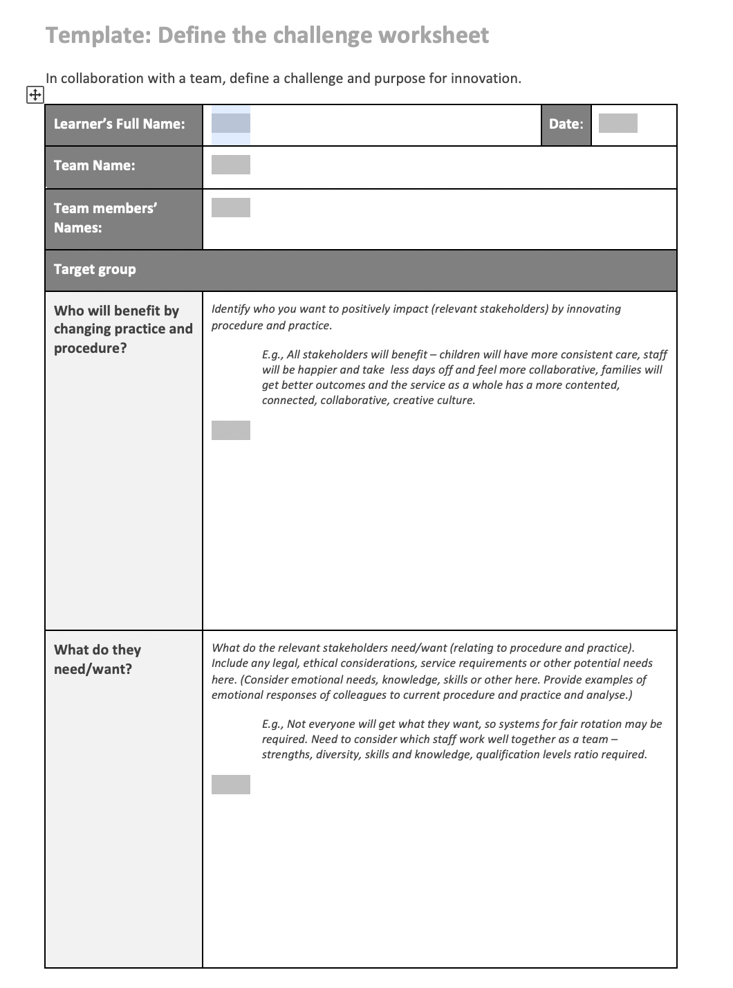 Template: Define the challenge worksheet In collaboration with a team, define