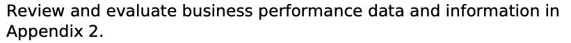 Review and evaluate business performance data and information in Appendix 2.