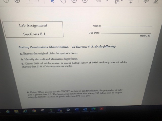 1.9 Lab Assignment Name: Sections 8.1 Due Date: Math 110 Stating