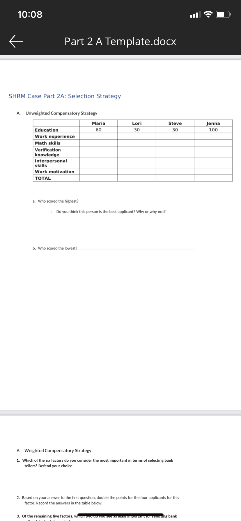 S Part 2 A Template.docx SHRM Case Part 2A: Selection Strategy