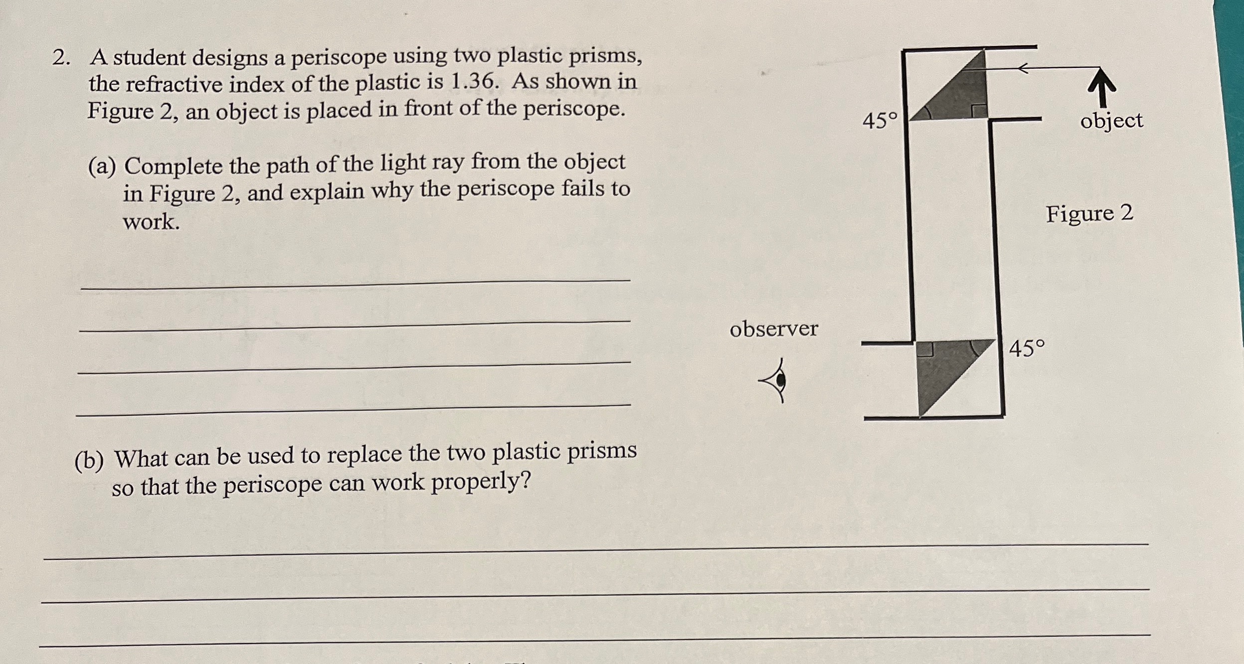 How to do Q2? 2. A student designs a periscope using two
