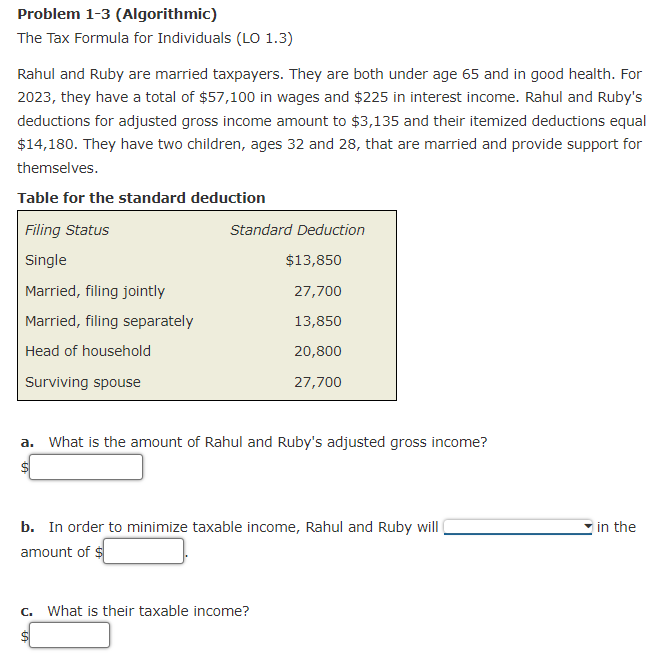  Problem 1-3(Algorithmic) Problem 1-3(Algorithmic) The Tax Formula for Individuals (LO 1.3)