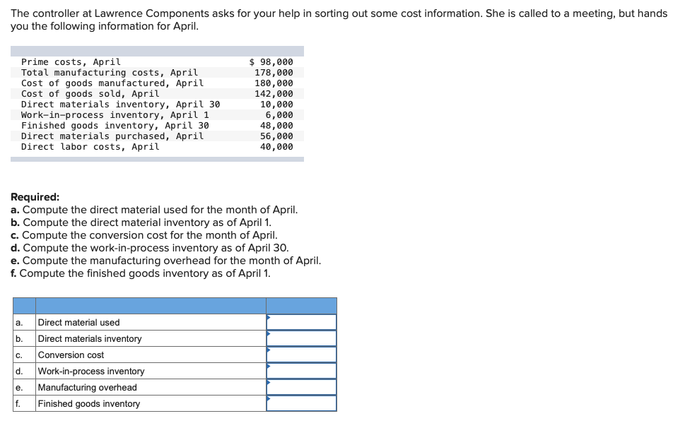  The controller at Lawrence Components asks for your help in sorting