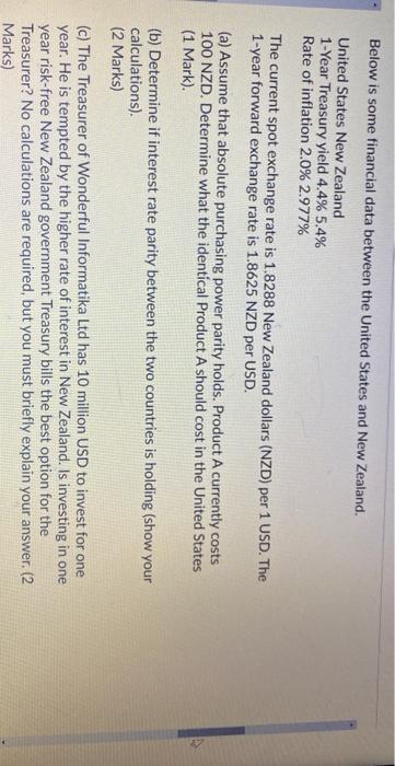  Below is some financial data between the United States and New