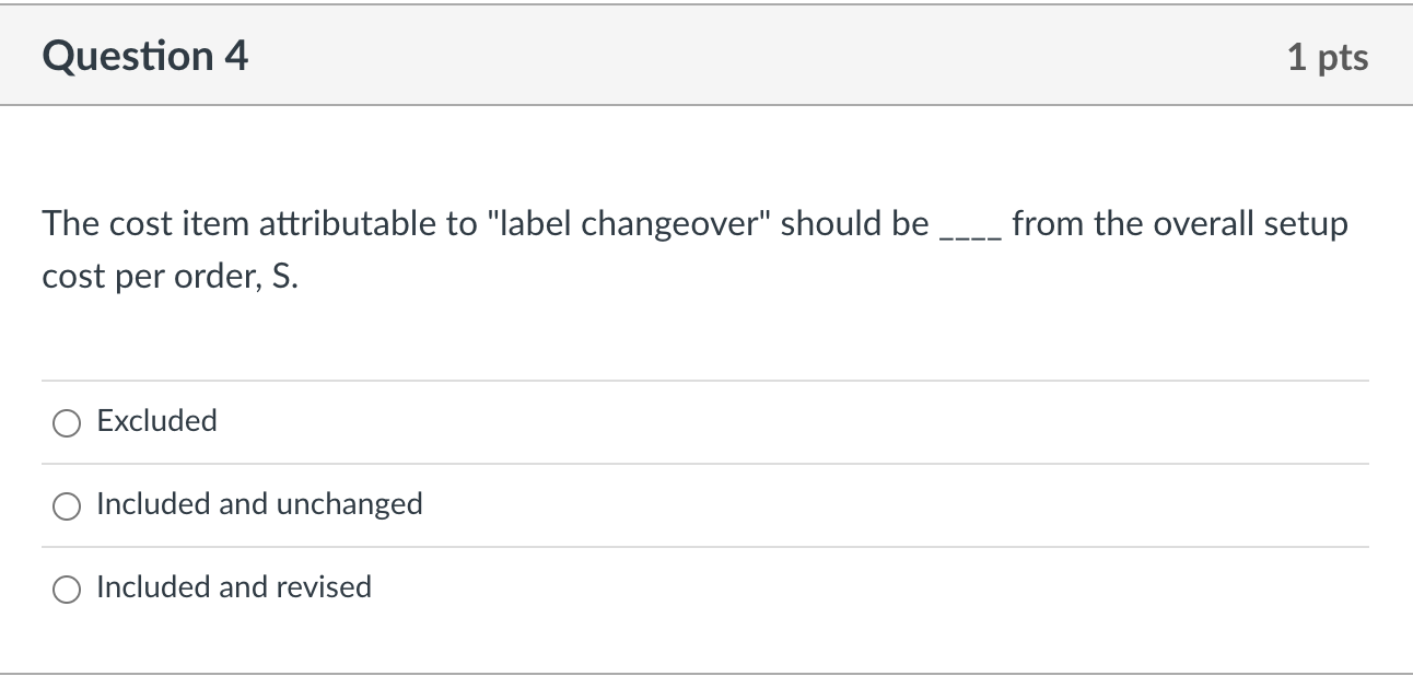 setup cost per bottle run to be sum of four cost items: