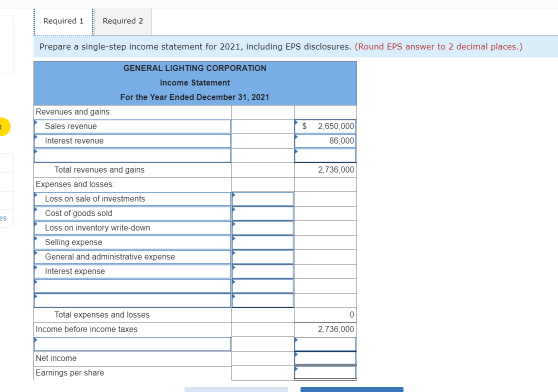 Lighting Corporation as of December 31, 2021: Debits Credits 2,650,000 86,000 Account