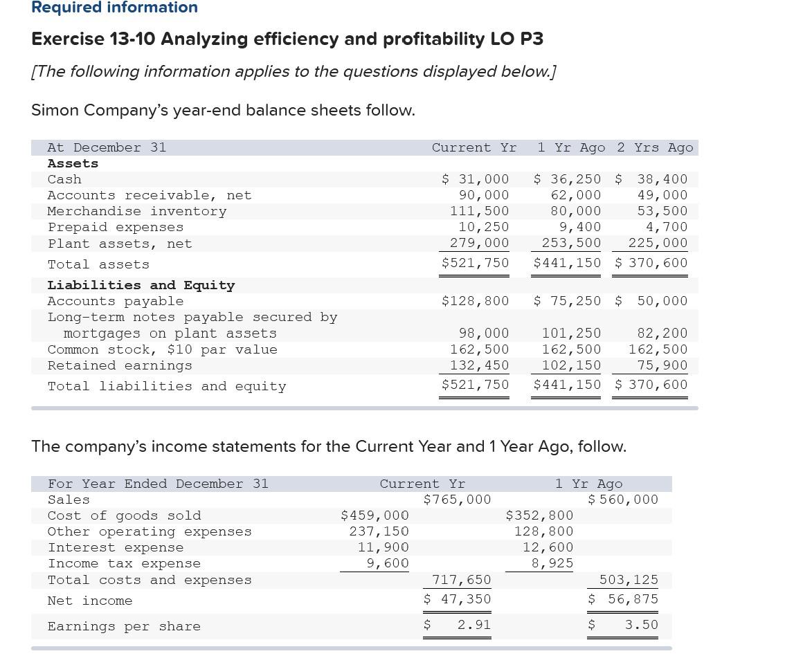 Required information Exercise 13-10 Analyzing efficiency and profitability LO P3 [The