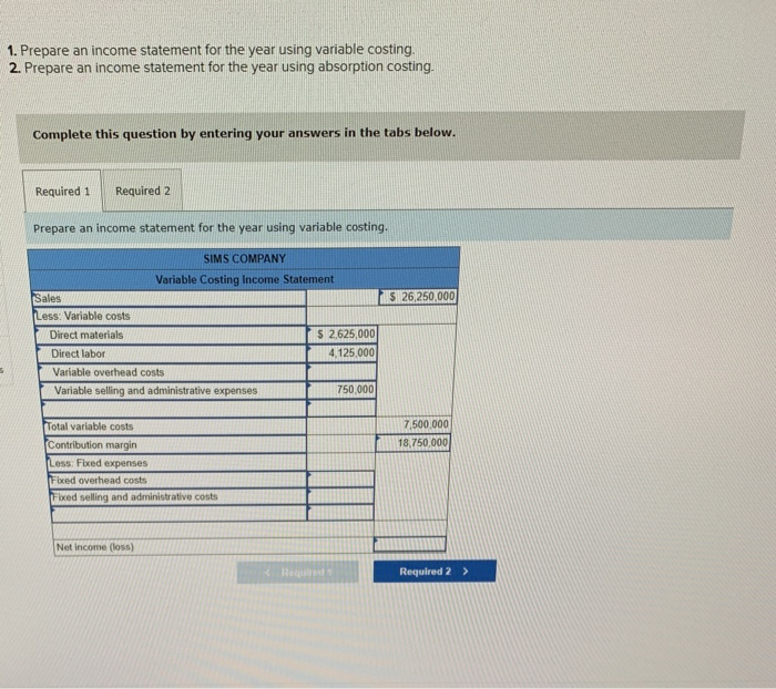 2. Prepare an income statement for the year using absorption costing. Complete