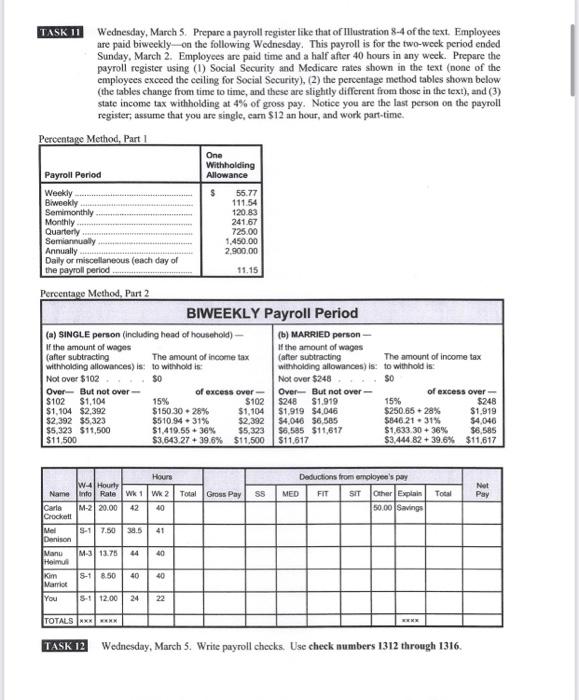  help please 55.77 TASK 11 Wednesday, March 5. Prepare a payroll