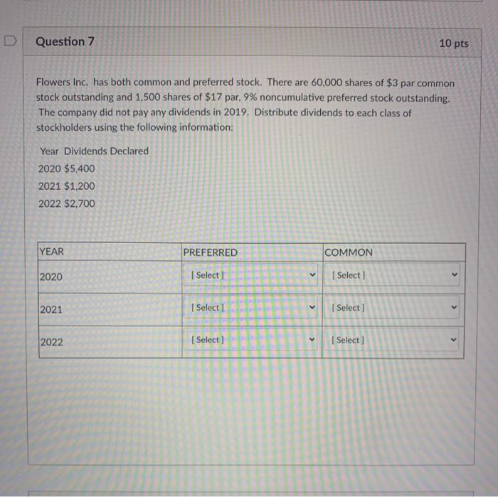  Question 7 10 pts Flowers Inc. has both common and preferred