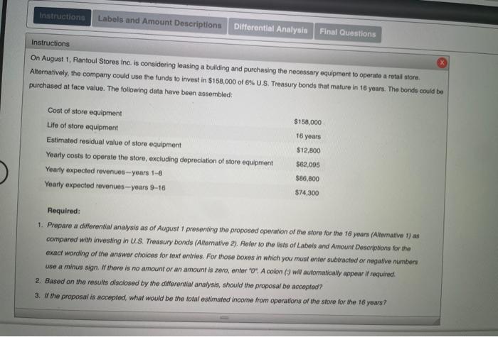  Instructions Labels and Amount Descriptions Differential Analysis Final Questions Instructions On