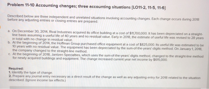  Problem 11-10 Accounting changes; three accounting situations [LO11-2, 11-5, 11-6] Described