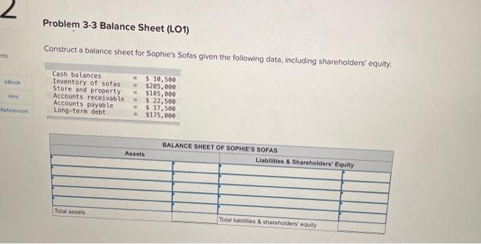  Problem 3-3 Balance Sheet (LO1) Construct a balance sheet for Sophie's