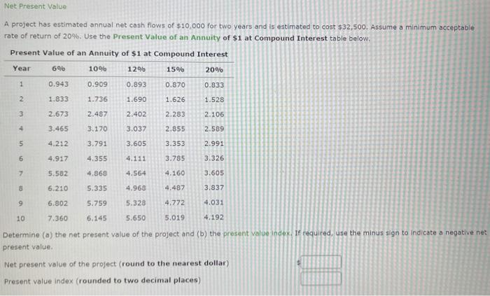  Net Present Value A project has estimated annual net cash flows