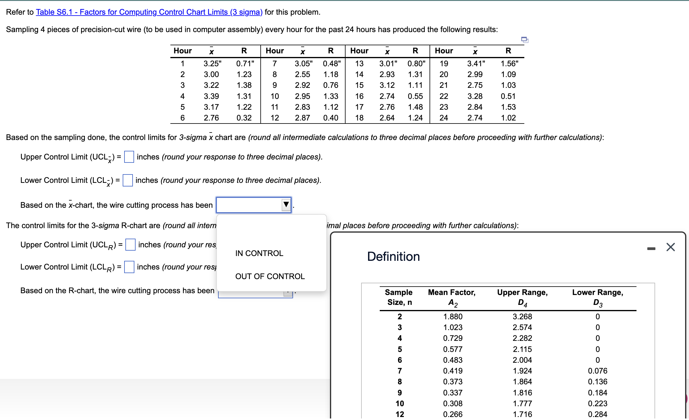 Refer to Table S6.1 - Factors for Computing Control Chart Limits