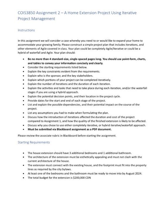  COIS3850 Assignment 2- A Home Extension Project Using Iterative Project Management