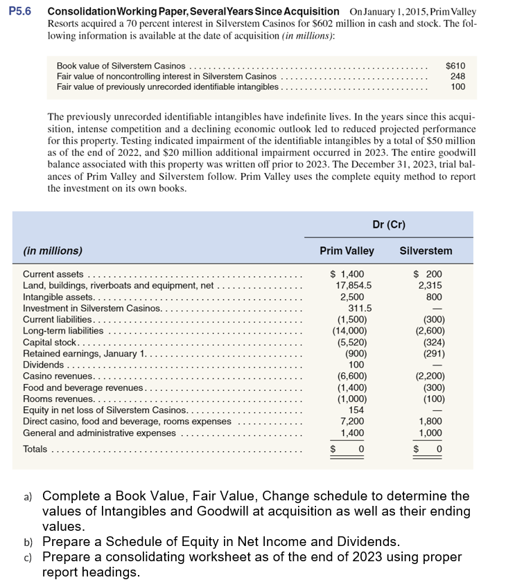  a) Complete a Book Value, Fair Value, Change schedule to determine