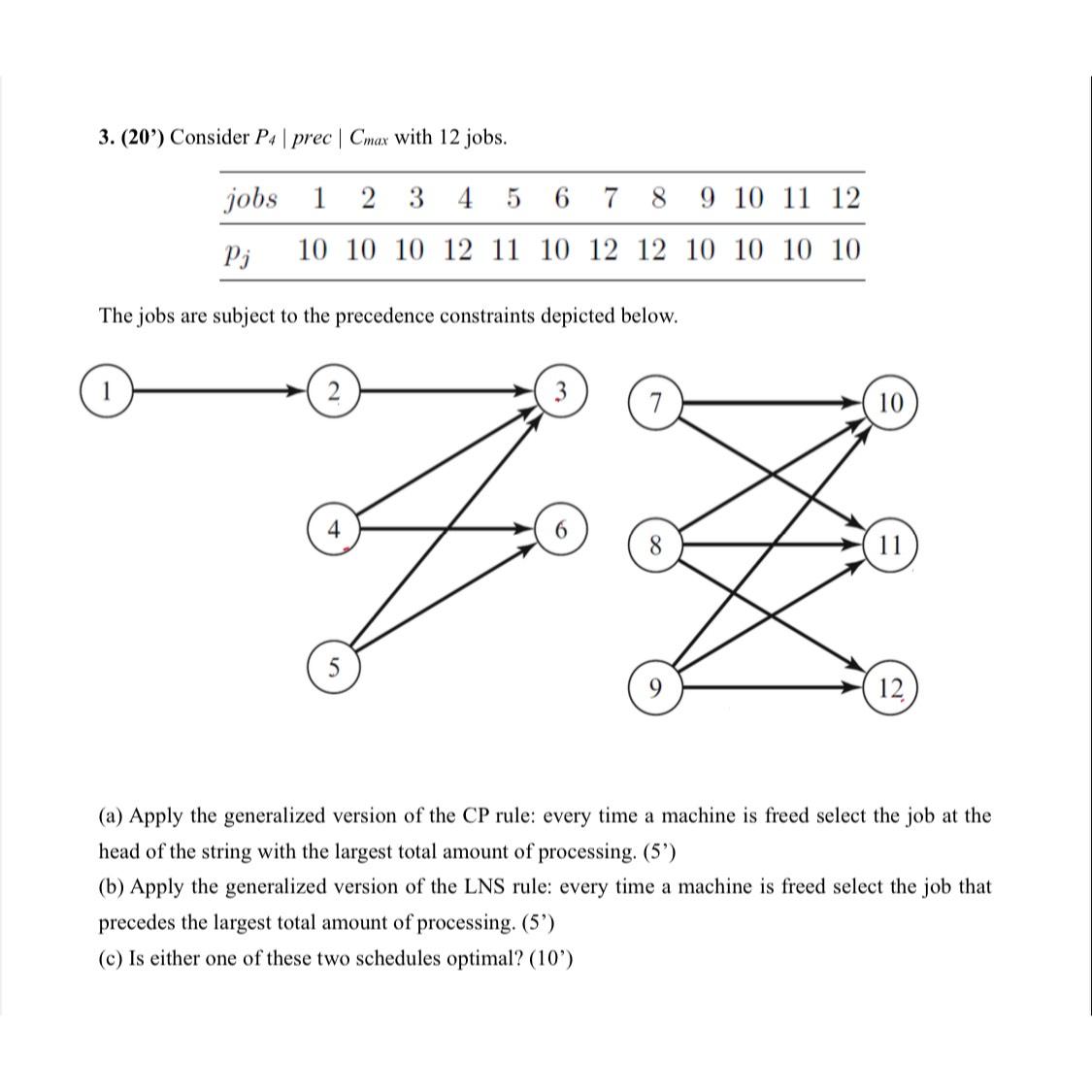  (20') Consider P4|| prec |Cmax| with 12 jobs. \table[[jobs,1,2,3,4,5,6,7,8,9,10,11,12],[pj,10,10,10,12,11,10,12,12,10,10,10,10]] The jobs