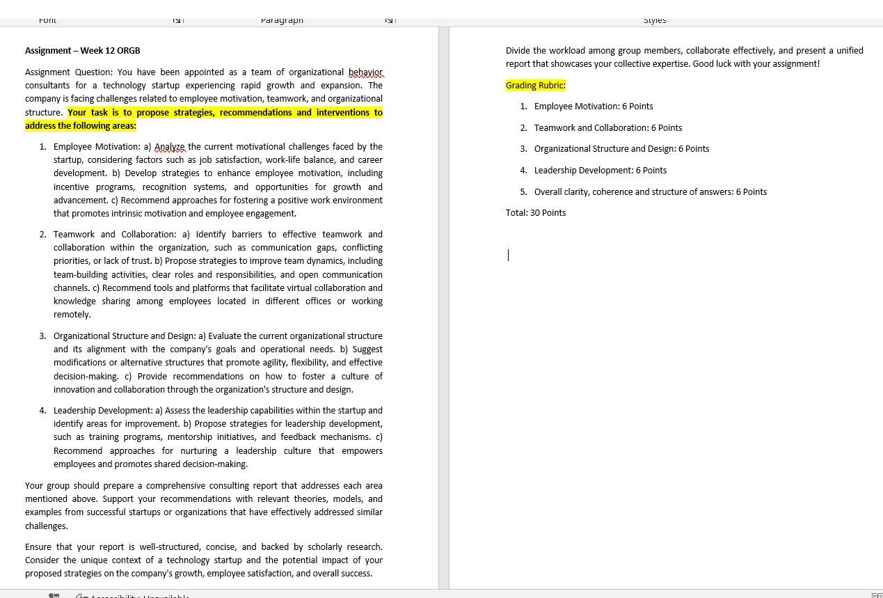  Assignment - Week 12 ORGB Assignment Question: You have been appointed