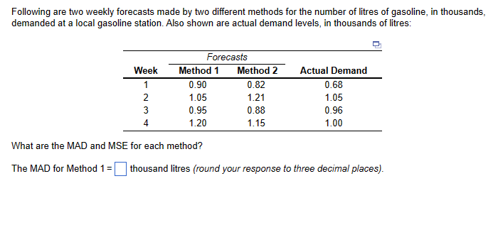  Following are two weekly forecasts made by two different methods for