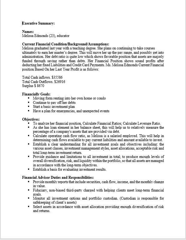 Develop an Executive Summary for Mellisa Executive Summary: Names: Melissa Edmonds (23),