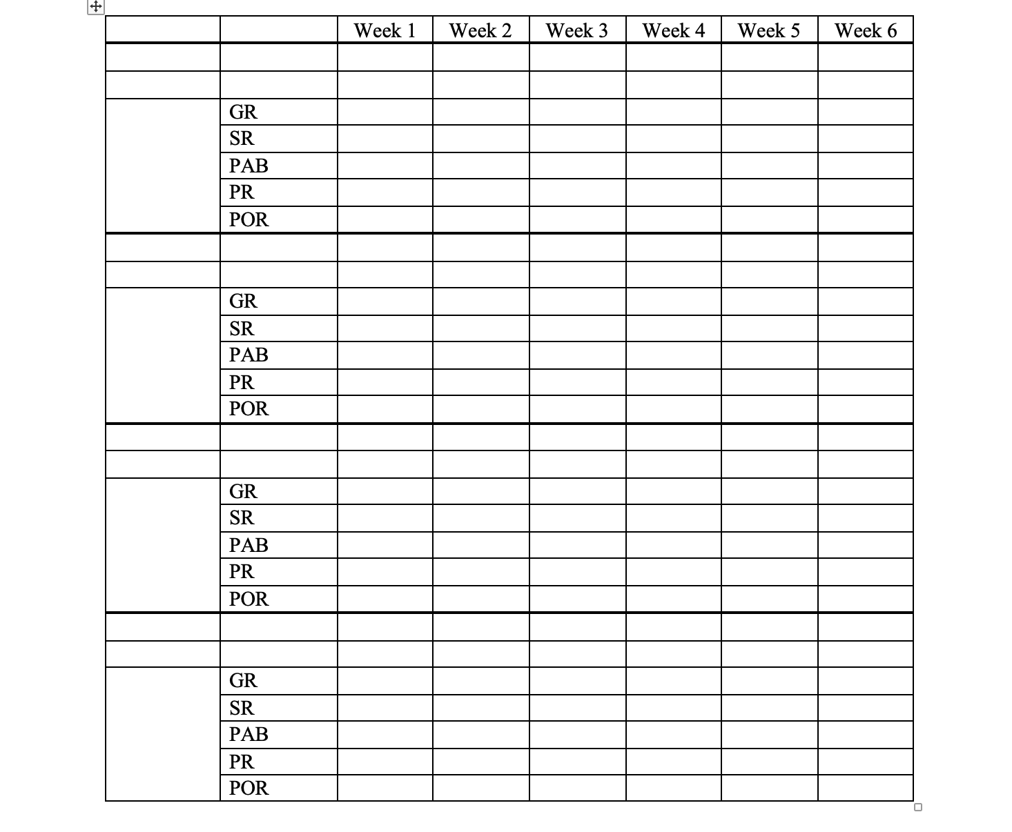  \begin{tabular}{|c|c|c|c|c|c|c|} \hline & Week 1 & Week 2 & Week 3