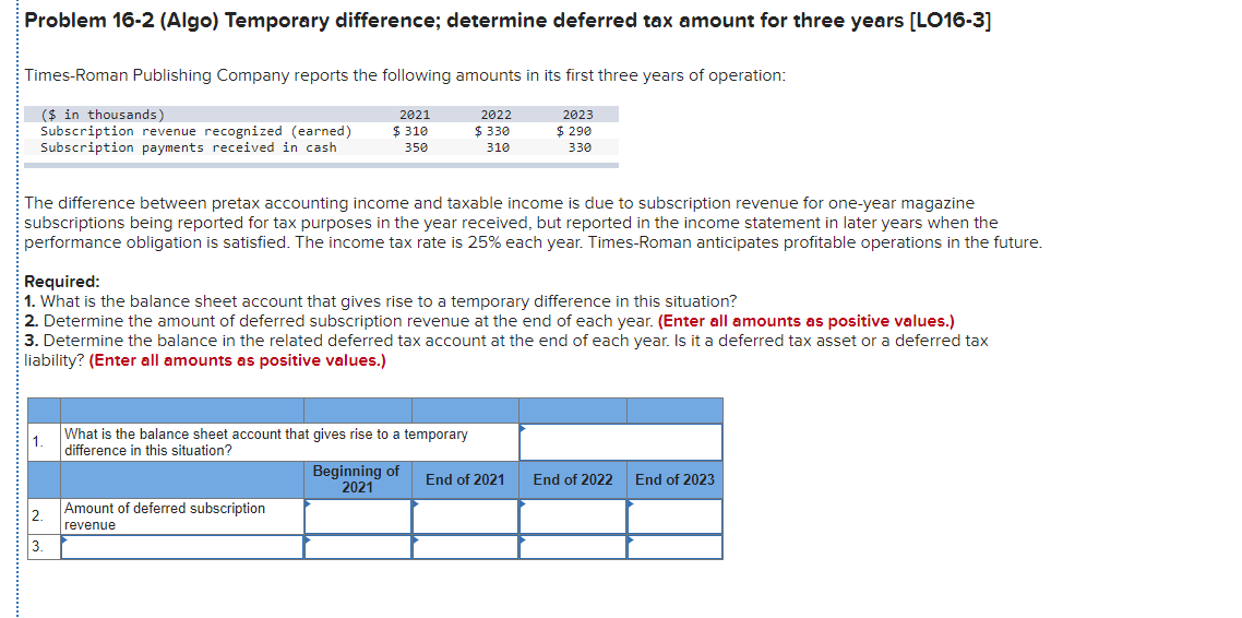 Problem 16-2 (Algo) Temporary difference; determine deferred tax amount for three