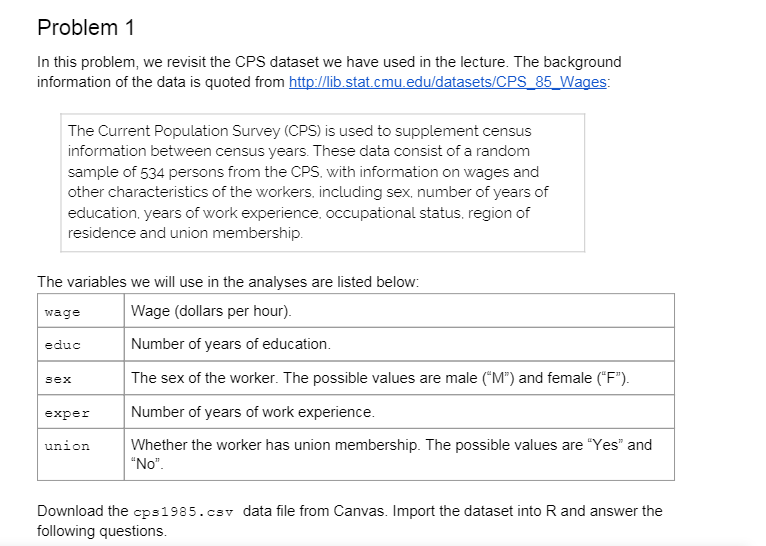 Problem 1 In this problem. we revisit the CPS dataset we