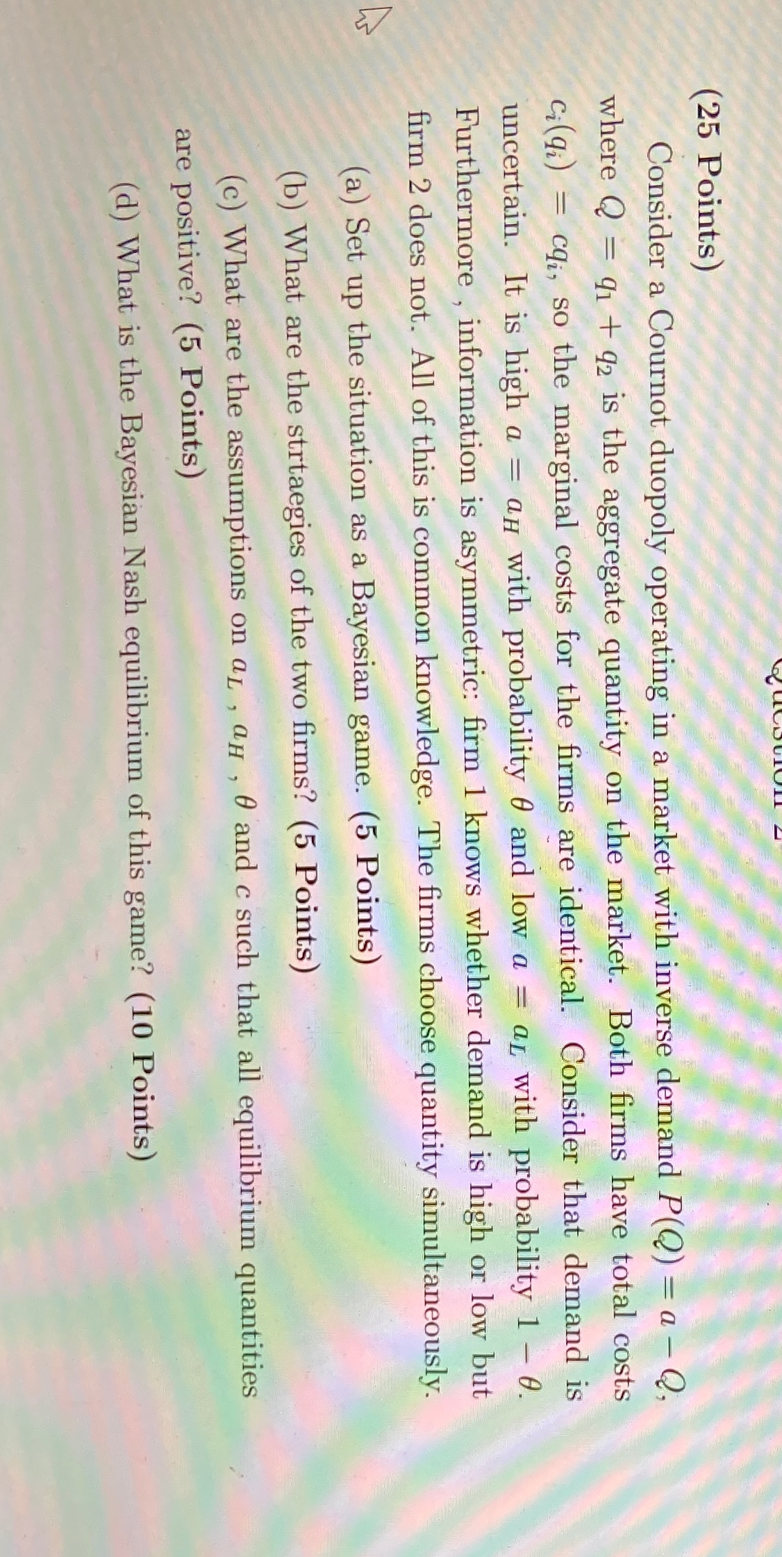 Solve the given question (25 Points) Consider a Cournot duopoly operating in
