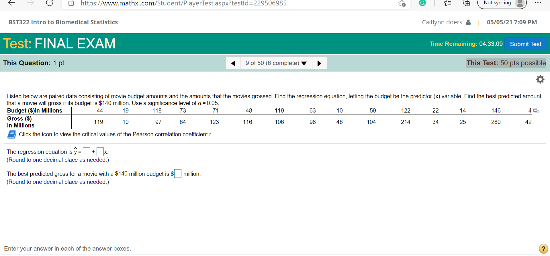 help please https://www.mathxl.com/Student/PlayerTest.aspx?testld=229506985 G Not syncing BST322 Intro to Biomedical Statistics Caitlynn