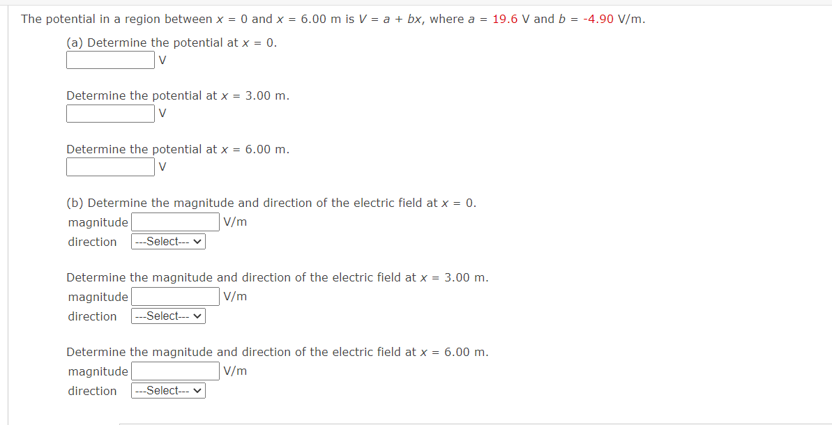 The potential in a region between x = 0 and x