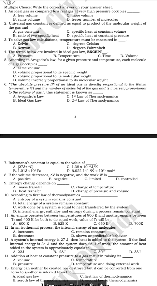  Multiple Choice: Write the correct answer on your answer sheet. 1.