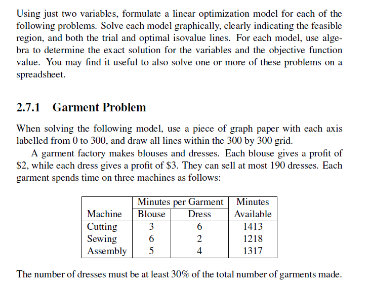 Using just two variables, formulate a linear optimization model for each