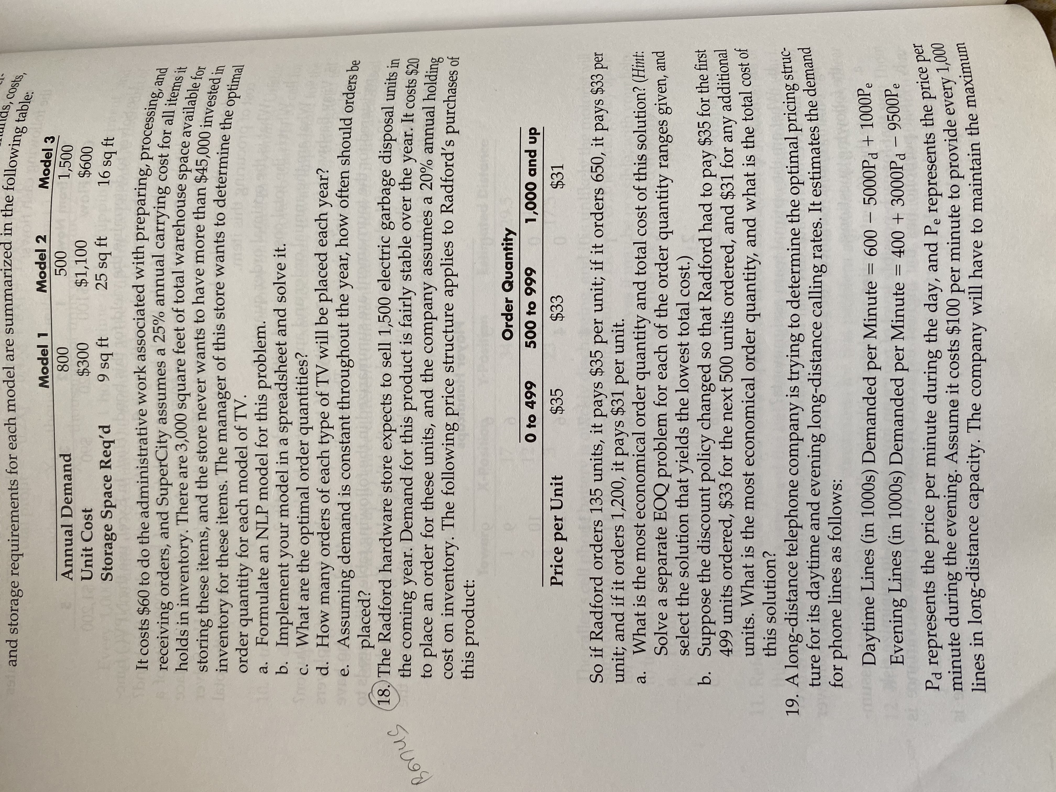 and storage requirements for each model are summarized in the following